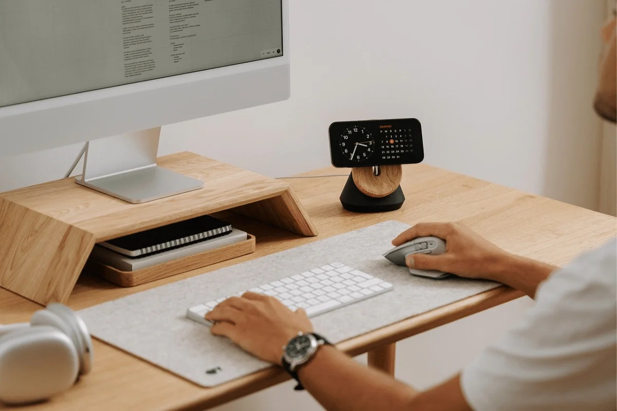 A person working on a desktop computer with a sleek workspace featuring a clock and headphones.