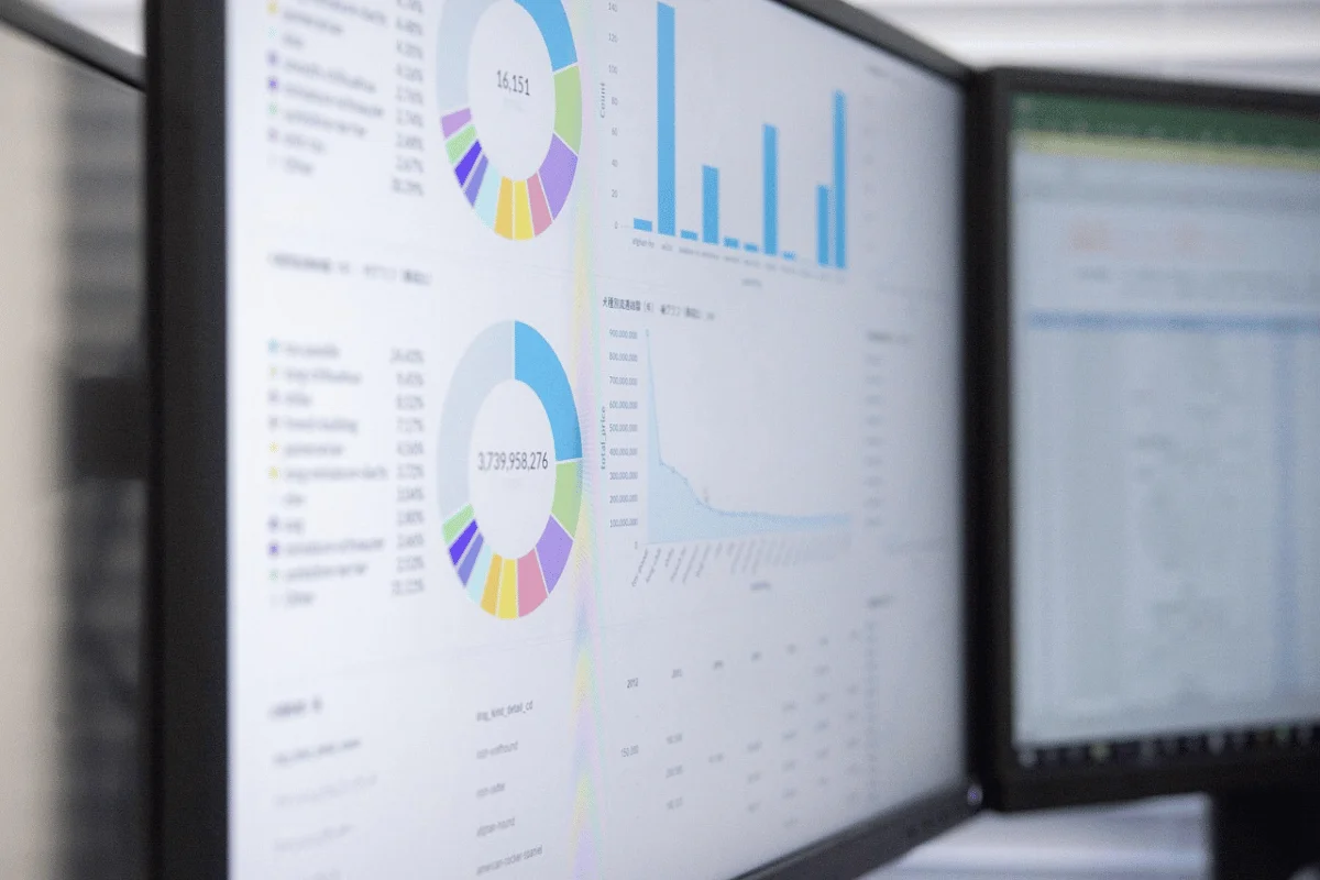 Close-up of computer monitors displaying colorful data visualizations, including pie charts, bar graphs, and data tables.