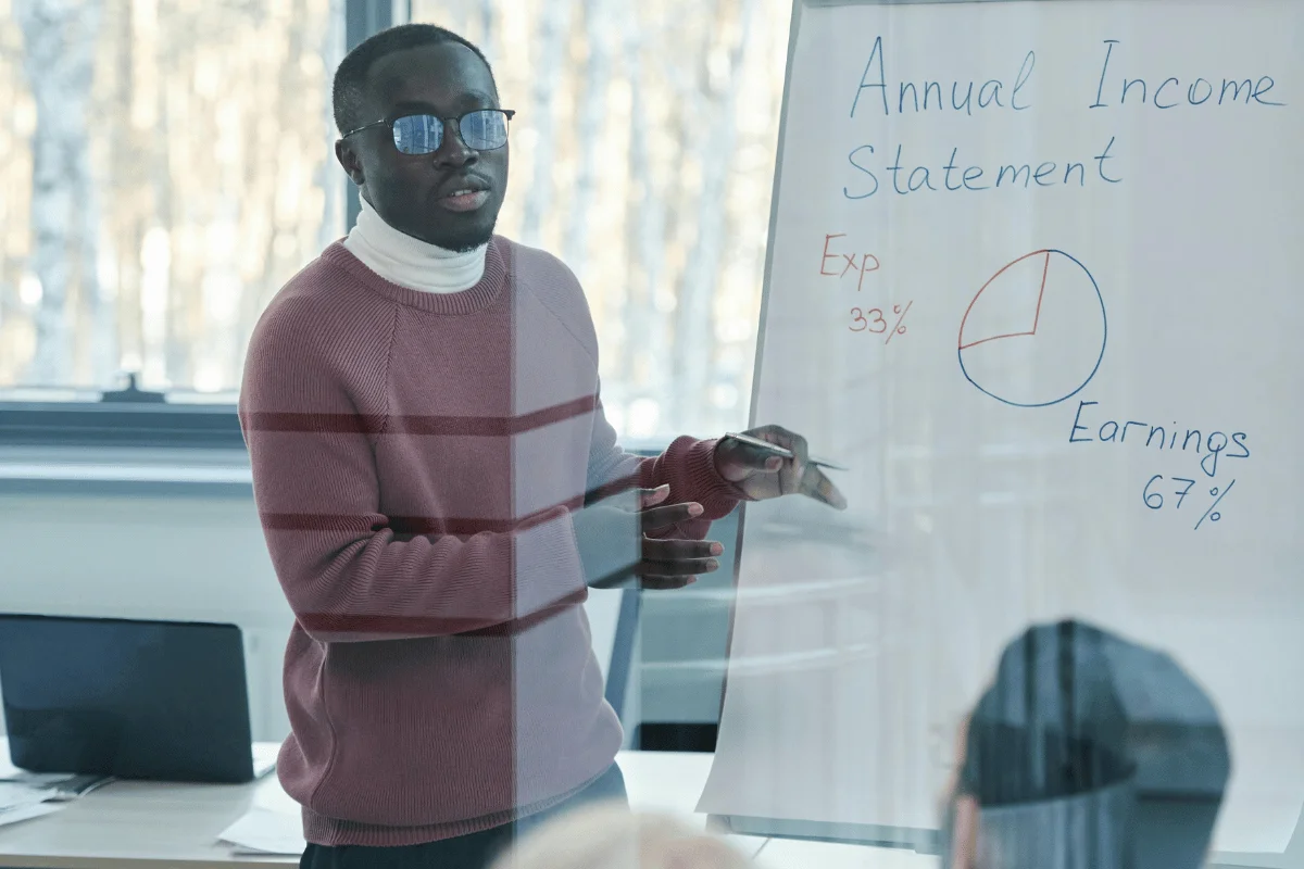 Business professional presenting an annual income statement with earnings and expenses data.