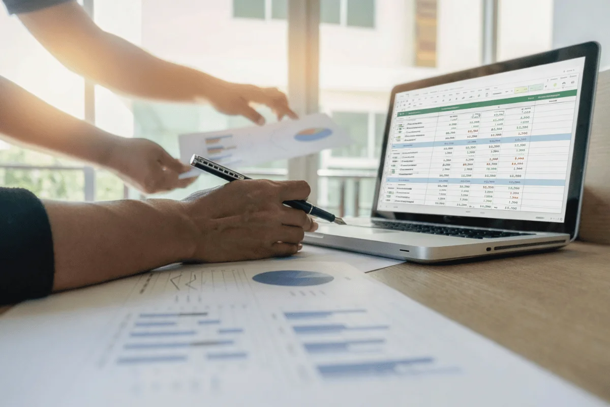 Hands of two people analyzing charts and data on paper and a laptop displaying a spreadsheet at a wooden desk.